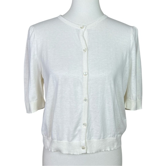 Lauren Ralph Lauren Cream Beige Button Up Cardigan Short Sleeve Sweater Size L - Picture 1 of 10